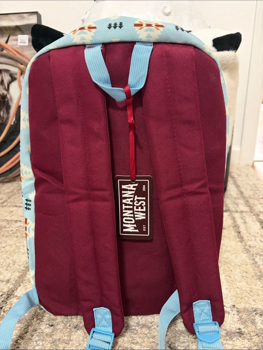 Montana West Light Blue Aztec Pattern Backpack with Burgundy Logo Patch